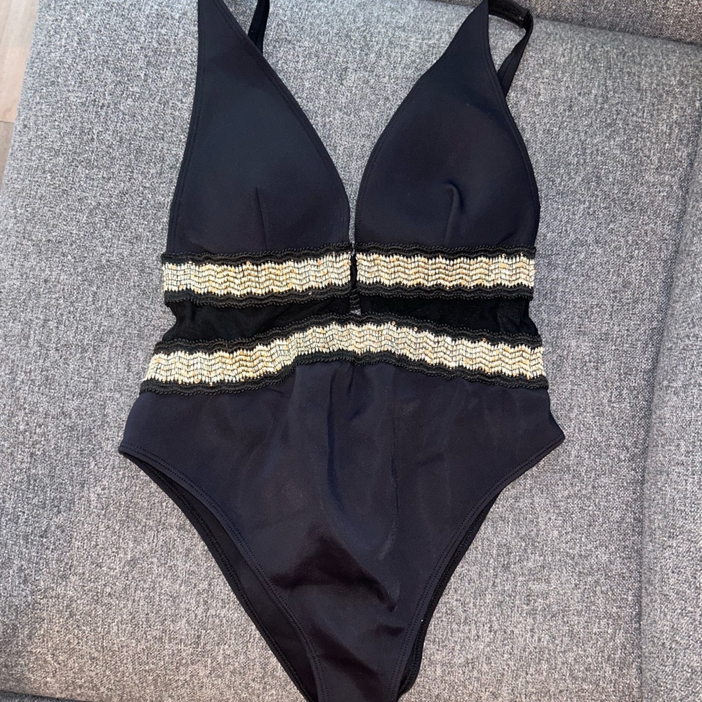 River Island Black One-Piece Swimsuit with Gold Accents